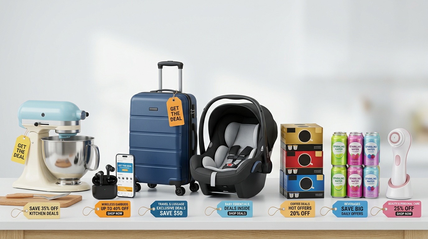 Amazon coupon deals with luggage, electronics, kitchen, and grocery savings