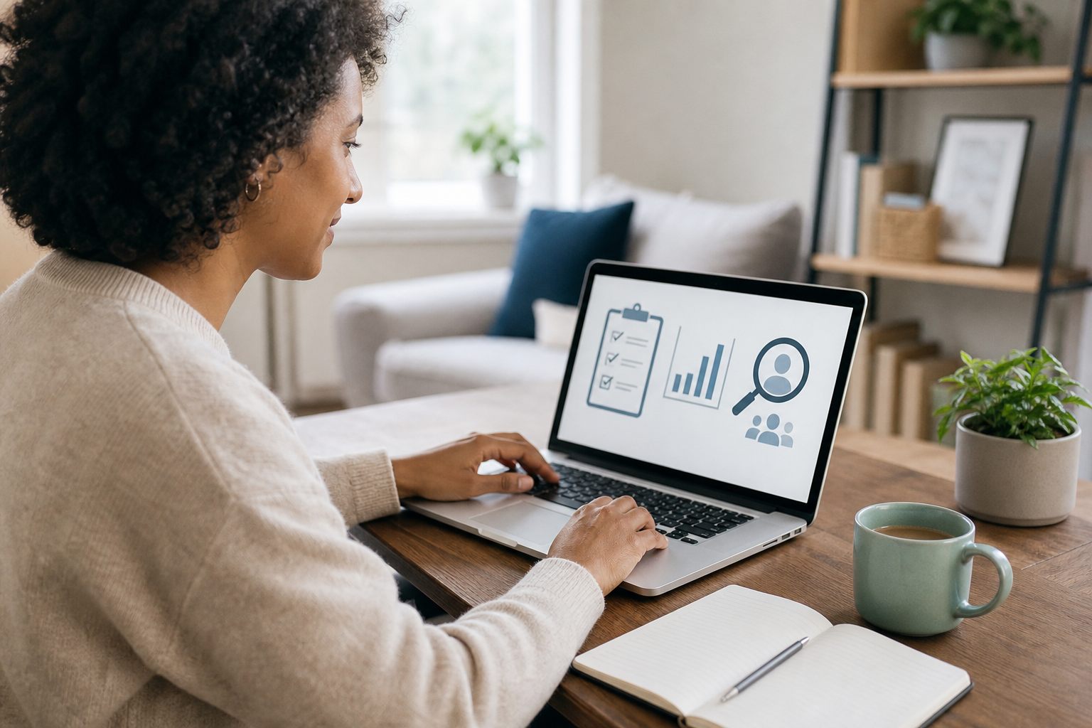 Person at home using laptop to review research study opportunities