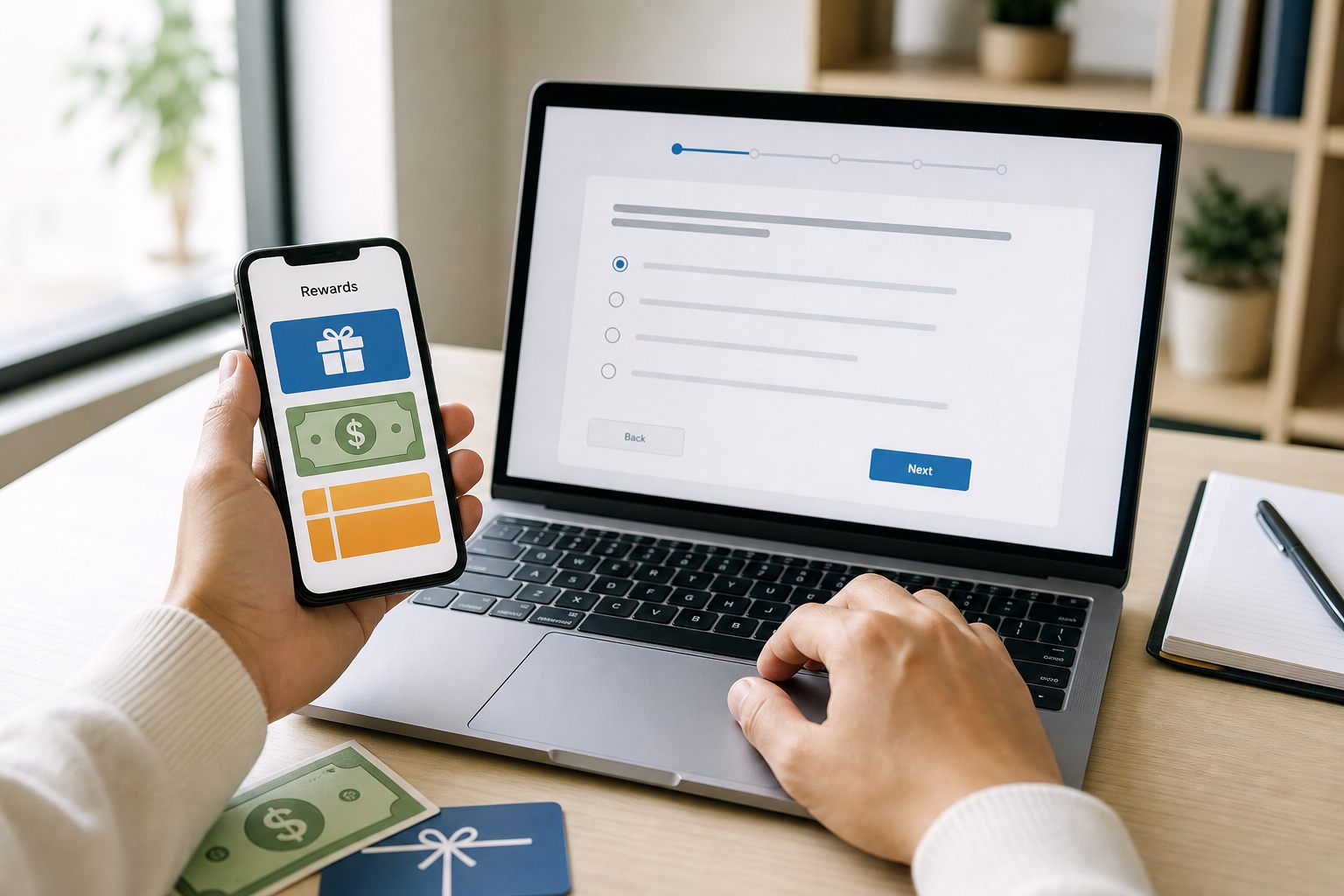 Phone and laptop showing generic survey rewards