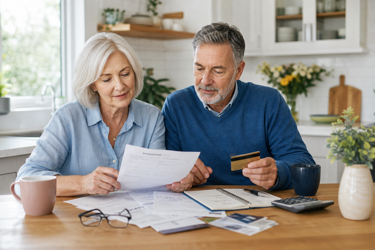 Senior couple reviewing savings categories at home