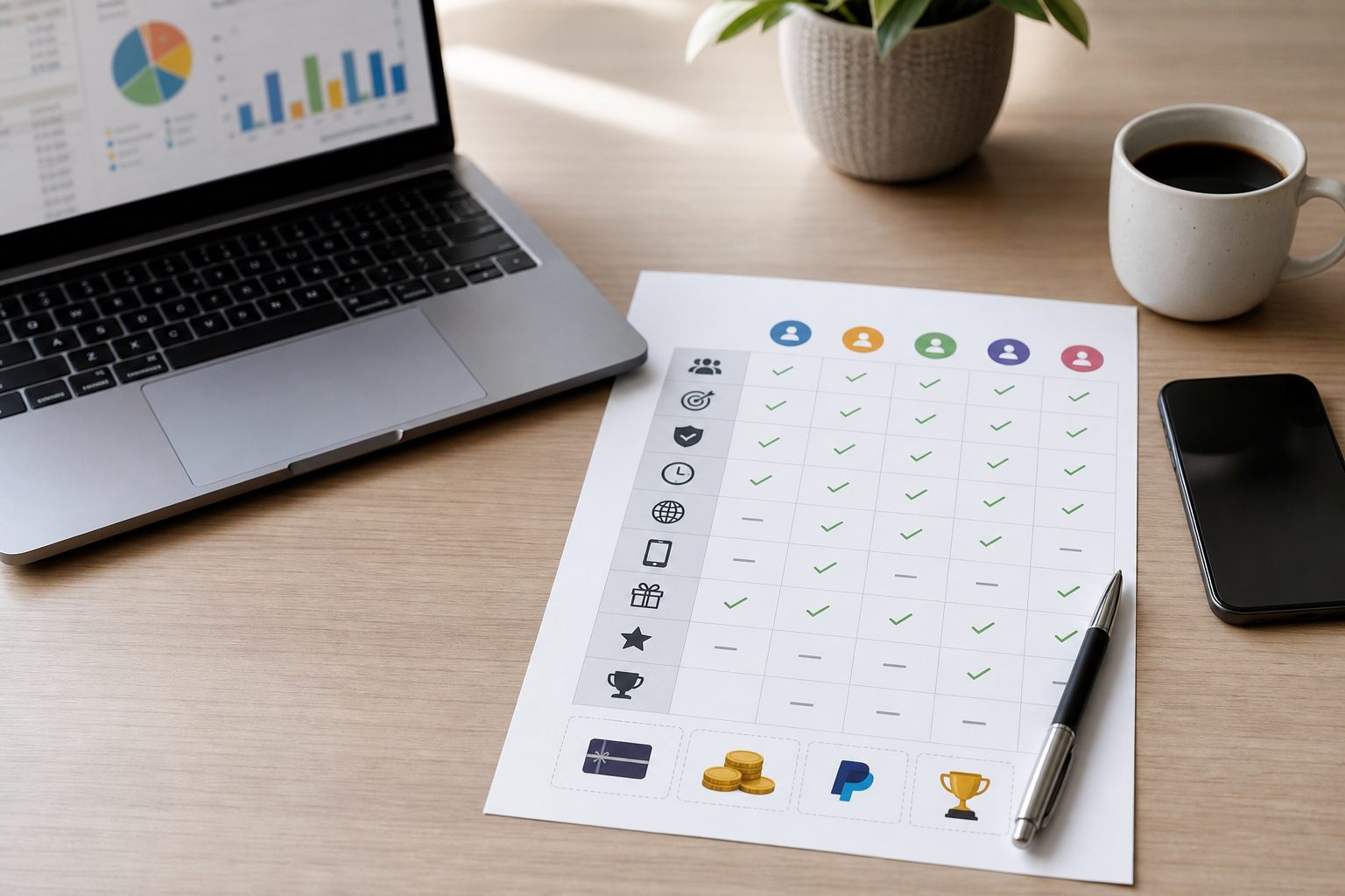 Survey panel comparison checklist with reward icons